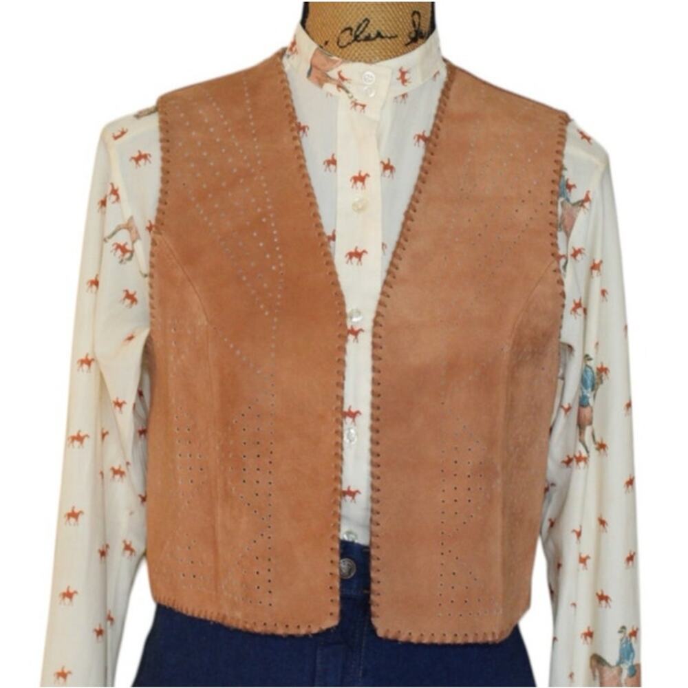 Vtg 70s Boho Tami Sportswear Tan Open Front Leather Suede Knit Vest Women’s M
